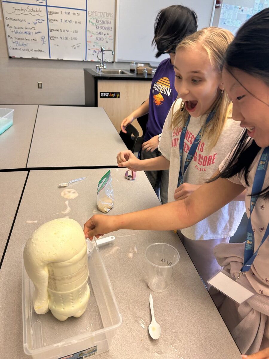 Excited Wise Camps students watching a hands-on science experiment erupt
